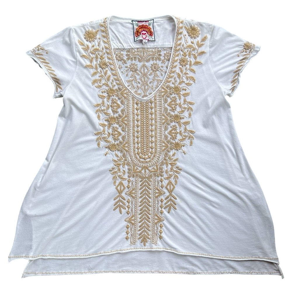 Johnny Was White and Gold Embroidered Short Sleeve Tee